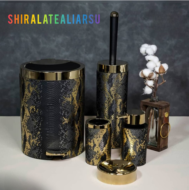 سرویس ۵پارچه بهداشتی بتیس مدل چرم مشکی طلا طرح دار